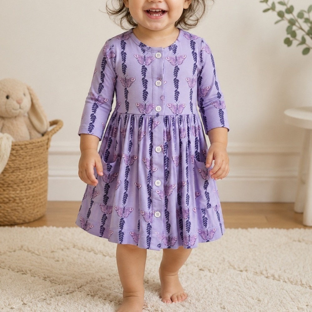 Kate Quinn Bamboo Butterfly Vine Long Sleeve Button‎ Front Pocket Dress 12-18M